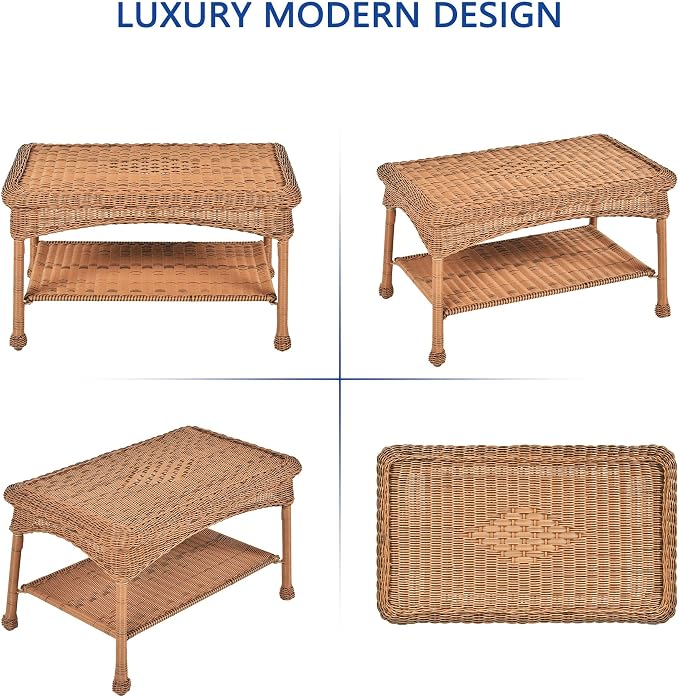 Jeco Wicker Patio Love Seat and Coffee Table Set in Honey Without Cushion - Image 5