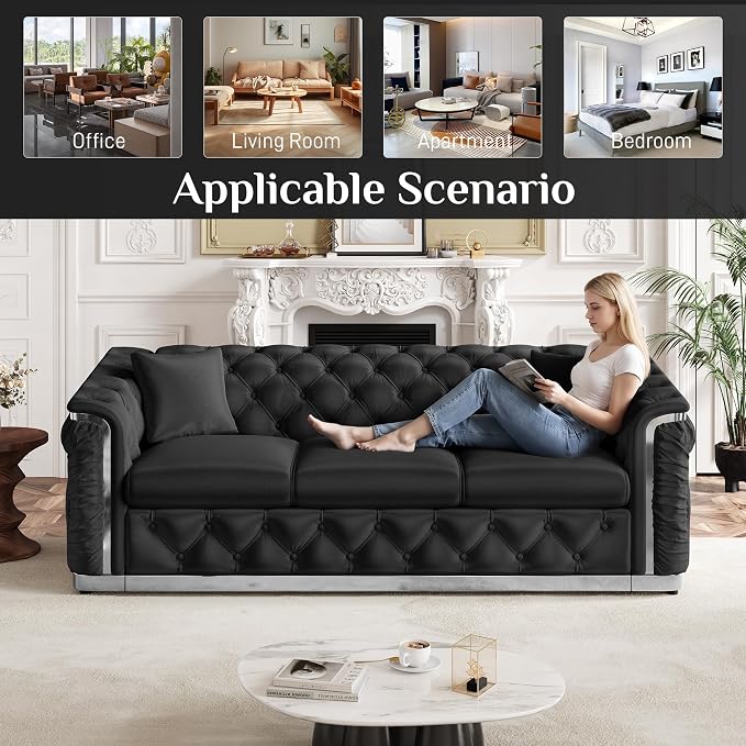 84.6" Luxury Chesterfield Sofa Velvet Tufted Sofa Black and Silver Couch - Image 6