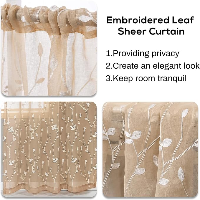 AmHoo 2 Panels Embroidered Leaf Pattern Semi Sheer Curtains Foliage Floral - Image 5