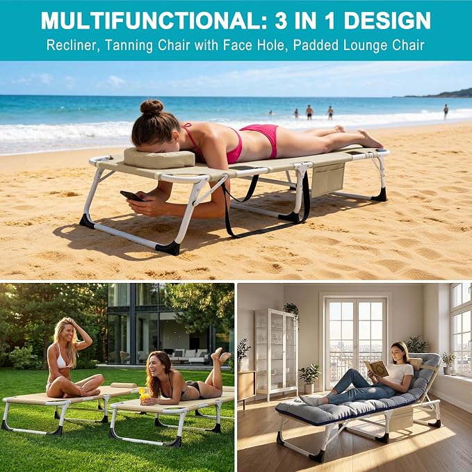 ABORON Sun Tanning Chair, 3 in 1 5 Positions Adjustable Heavy Duty Folding - Image 3