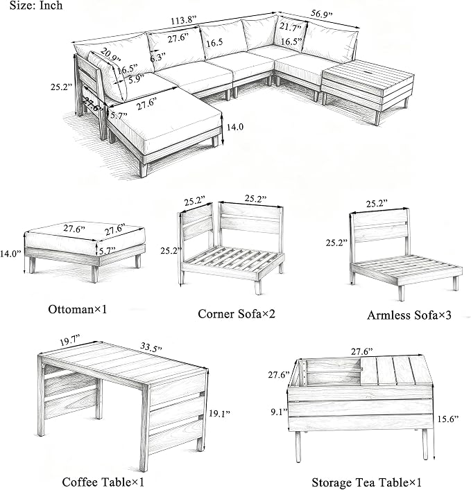 VilroCaz 8-Piece Acacia Wood Outdoor Patio Sofa Set, Modular Sectional - Image 3