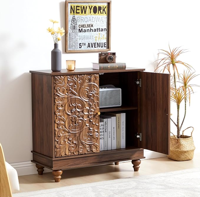 weselon Accent Cabinet Set of 2, Farmhouse Carved Storage Sideboard Buffet - Image 8