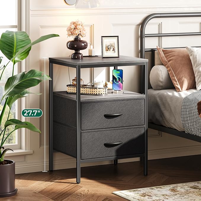 Huuger Night Stand with Charger Station, 27.7 Inch Tall Nightstand, Bed Side - Image 2