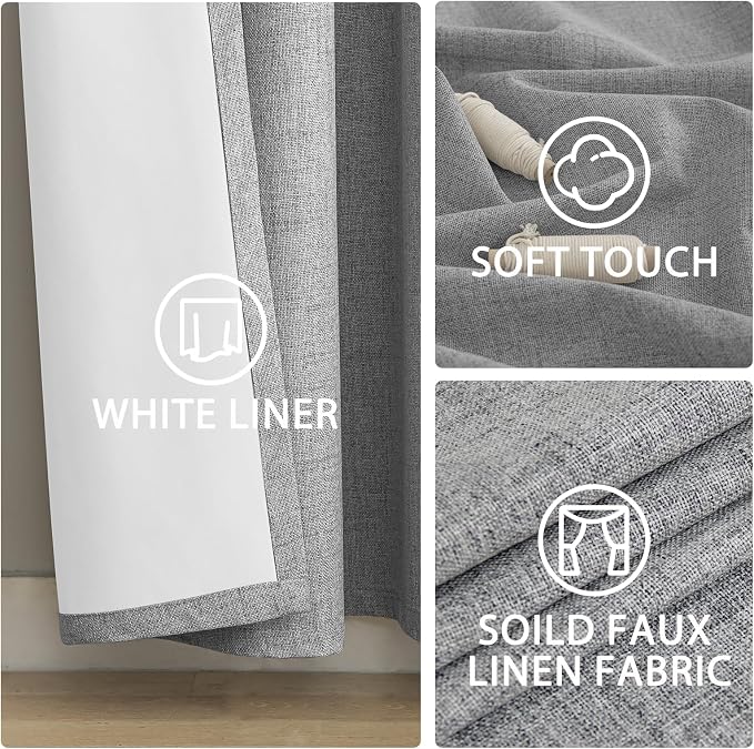 Yakamok Dove Grey Linen Curtains 100% Blackout 96 Inches Long, Room Darkening - Image 6