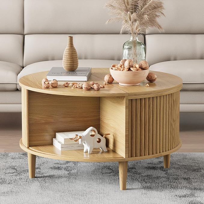 Round Coffee Table with Storage, Fluted Lift Top Coffee Table - Image 3