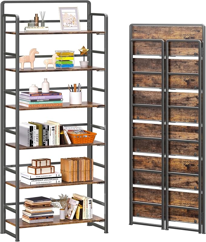 4NM No Assembly 6 Tiers Folding Bookshelf Storage Shelves Vintage Bookcase by 4NM