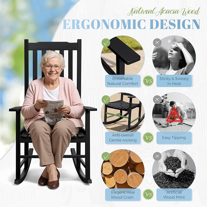 Flamaker Acacia Wood Patio Rocking Chair Set of 2, High Back and Widen Armrest - Image 5