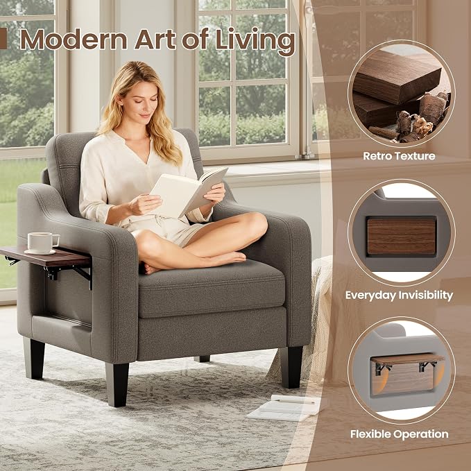 Accent Chair for Living Room Modern Linen Upholstered Armchair Side Wooden - Image 4