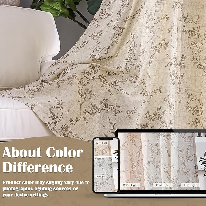 Lazzzy 90 Inch Curtain for Living Room Taupe Floral Drapes Linen for Bedroom - Image 6