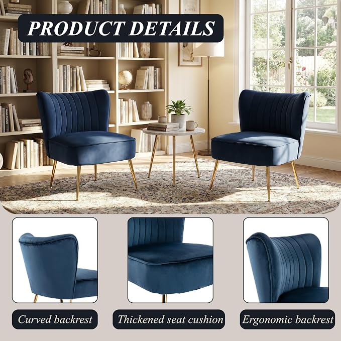 Velvet Accent Chair Set of 2 Comfy Living Room Chair Armless Slipper Chair Mid - Image 5