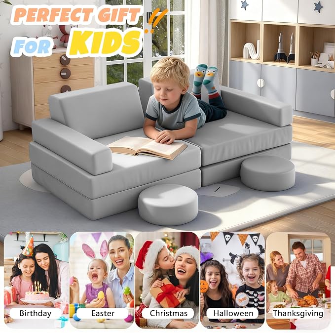 12 Pcs Modular Kids Play Sofa Convertible Foam Floor Mat and Play Fortress - Image 7