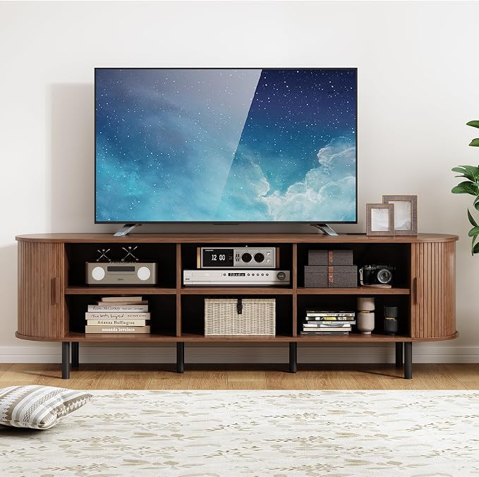 70.8" TV Stand with Power Outlet, Mid-Century Modern Television Stand, Fluted - Image 4