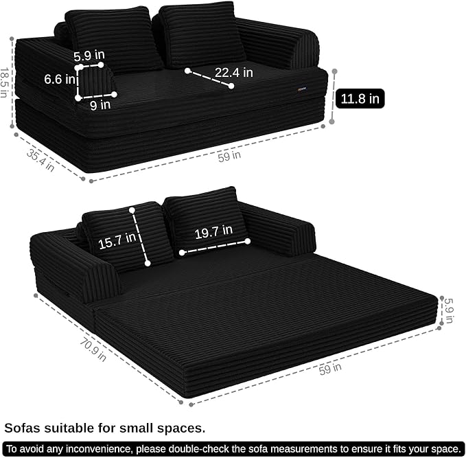 COMAX Convertible Sofa Bed, Folding Floor Couch Corduroy Fold Out Couch Bed - Image 2