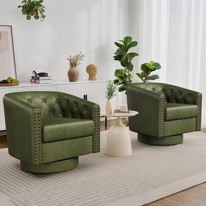 Swivel Barrel Accent Chairs Set of 2, Round Nailhead Faux Leather Living Room - Image 7