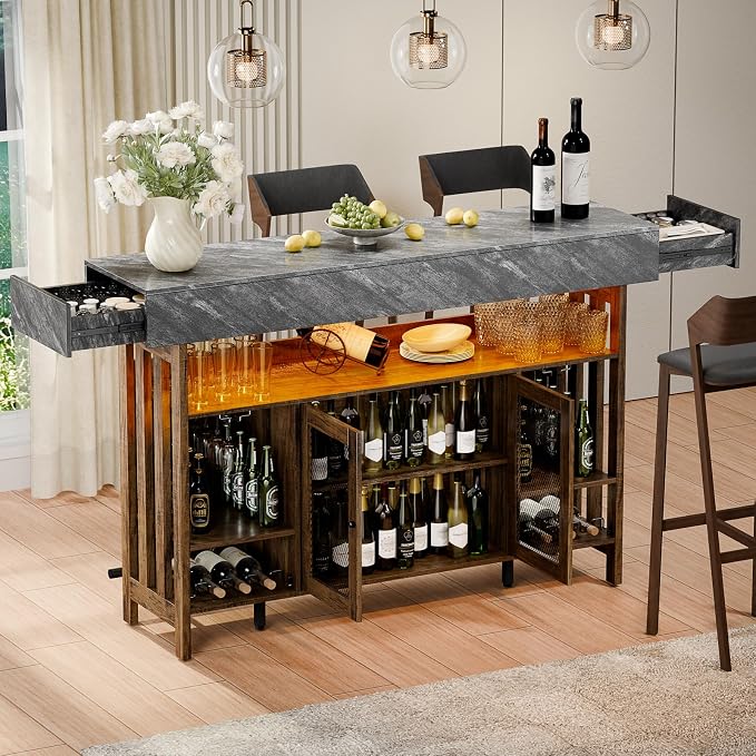 4-Tier Home Bar Unit, 63-Inch Wooden & Dark Gray Marble Bar Cabinet, LED Liquor - Image 4