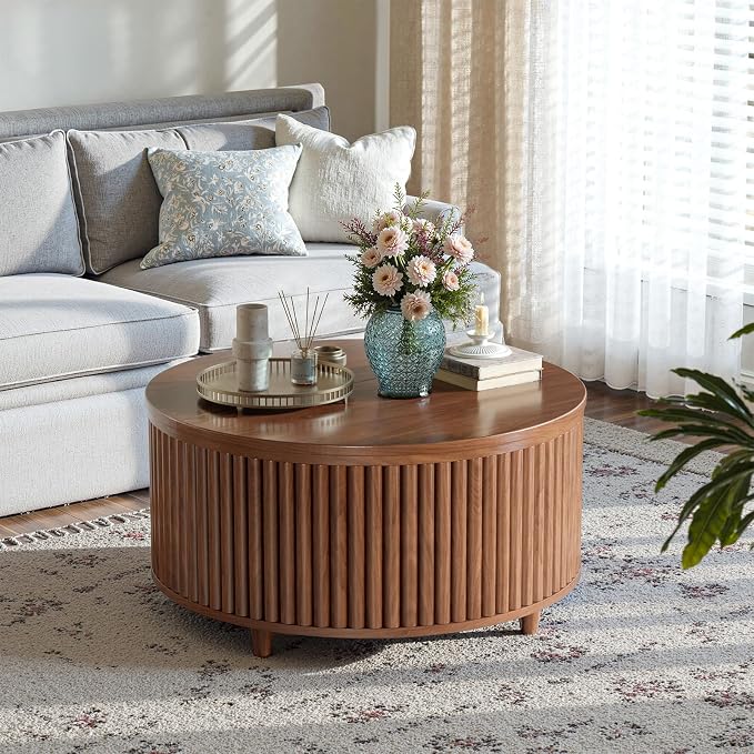 Evermagin 31.5'' Round Coffee Table, Fluted Lift Top Oak Coffee Table - Image 3