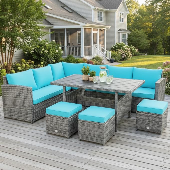 Tangkula 7 Pieces Patio Furniture Set, Outdoor Sectional Rattan Dining Sofa Set by TANGKULA