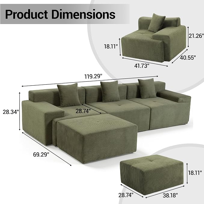 119'' Modular L-Shaped Boneless Sectional, Corduroy Deep Seat Cloud Sectional - Image 2