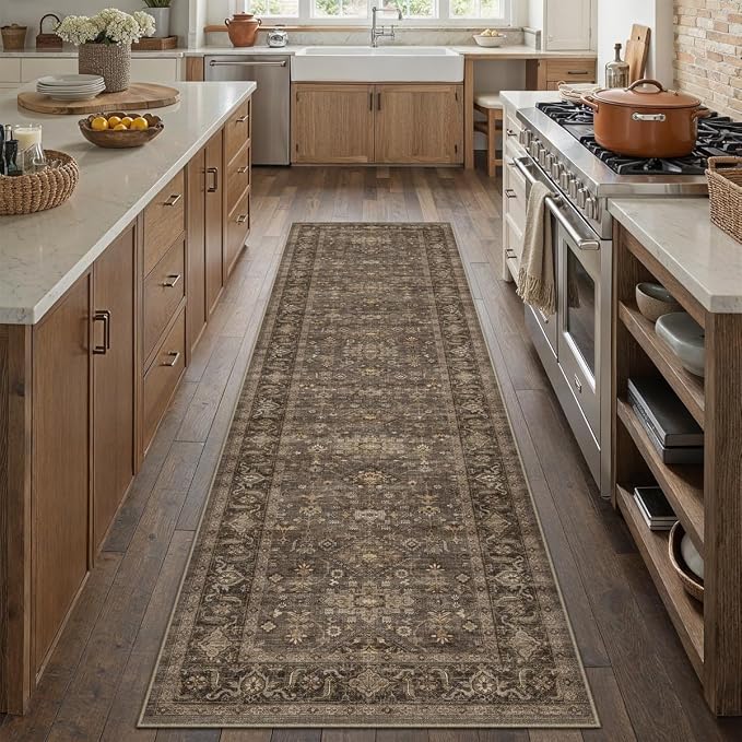 2x10 Washable Runner Rug for Hallway Kitchen Vintage Brown Non Slip Low Pile - Image 4