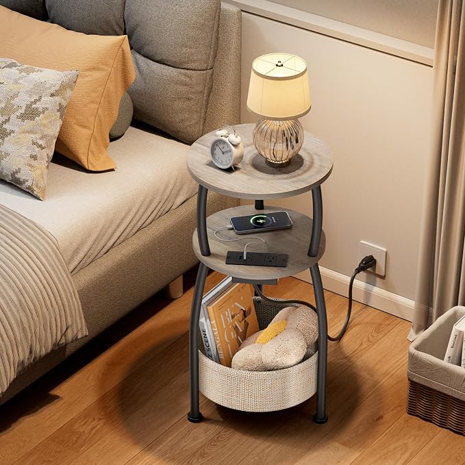 Small Side Table with Charging Station, Round End Table with Basket, USB Port - Image 6