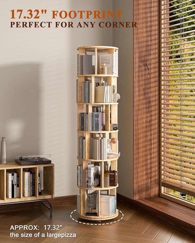 6-Tier Solid Wood Rotating Bookshelf on Wheels, 360° Spinning Book Shelf Tower - Image 6