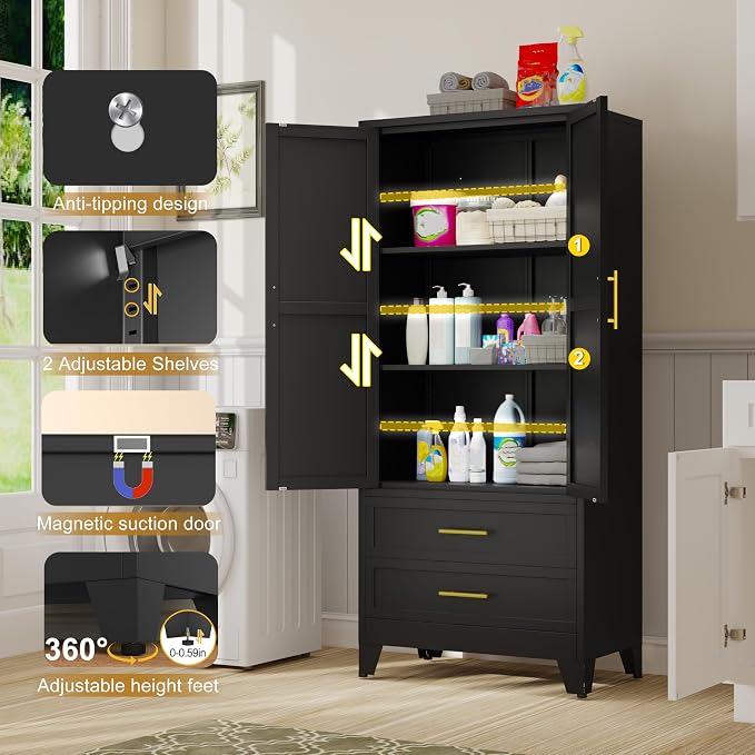 GAIOUS Steel Pantry Cabinet, 2 Adjustable Shelf and 2 Drawers, Freestanding - Image 5