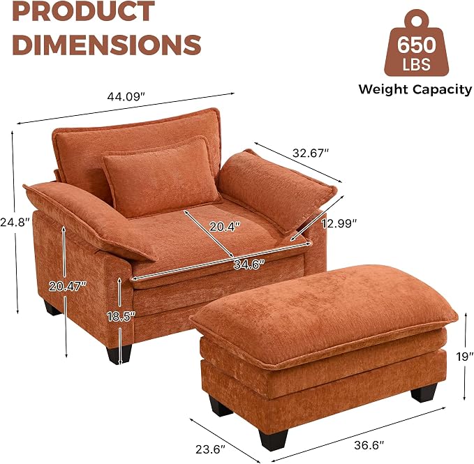Oversized Accent Chairs with Ottoman Set of 2, Modern Comfy Reading Chair - Image 2