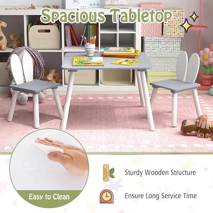 Costzon Kids Table and Chair Set, 3 Pieces Wooden Activity Table & 2 Rabbit - Image 3