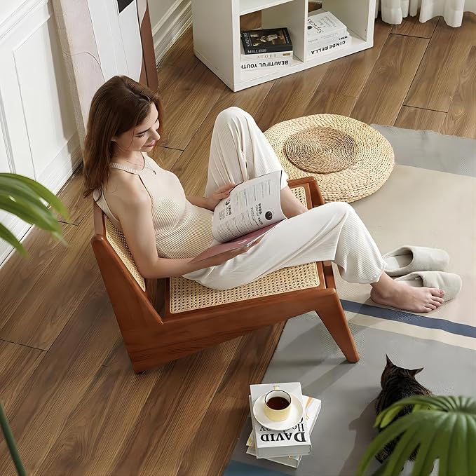homary Mid Century Modern Chair Japandi Walnut Rattan and Wood Lounge Chairs - Image 5