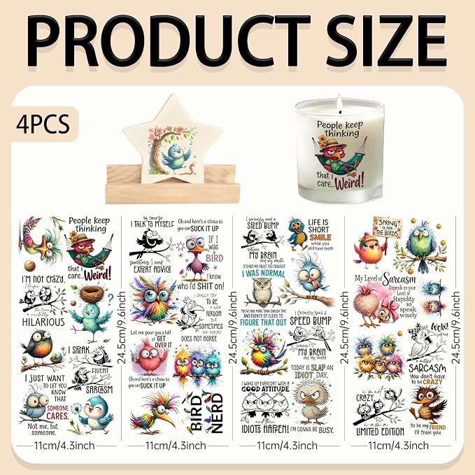 4 Sheets Rub on Transfers for Crafts, Funny owl Furniture Transfers for Wood - Image 2
