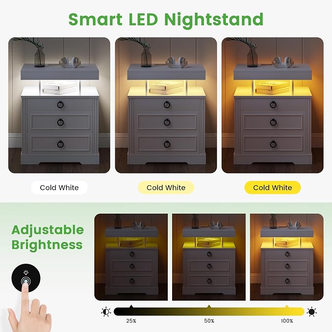 HNEBC Night Stand Set 2 with Gun Drawers, Farmhouse Nightstand with Charging - Image 3