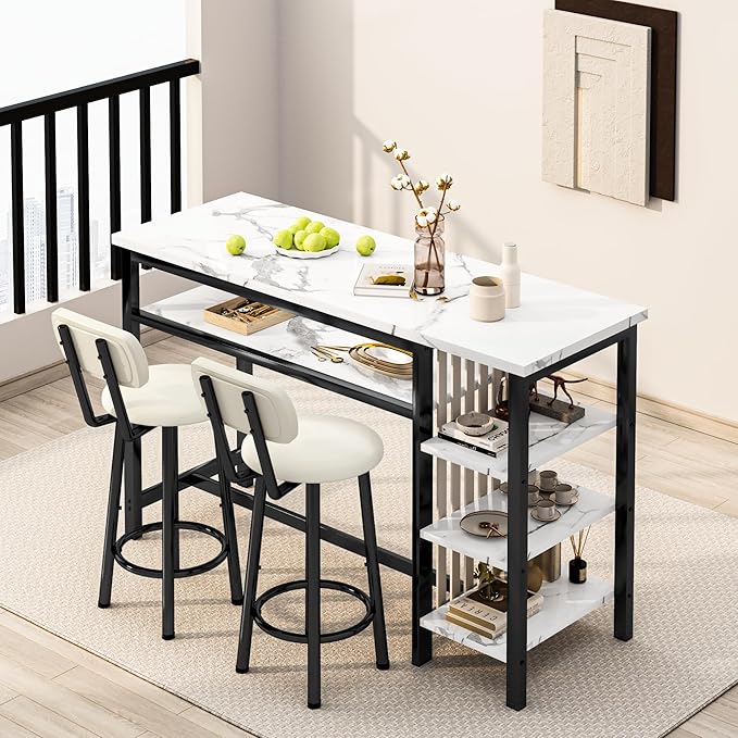 AWQM 3-Piece Bar Table and Chairs Set, Modern White Faux Marble Table - Image 3