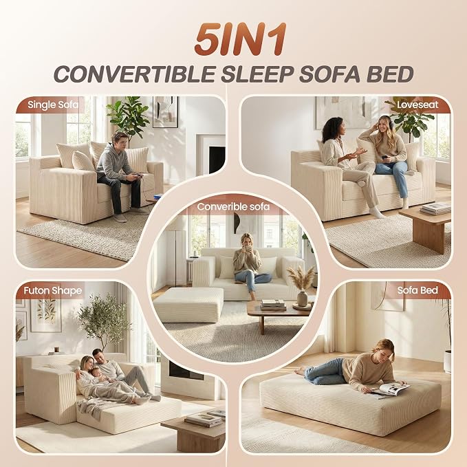 Convertible 5 in 1 Futon Sofa Bed Full Size, Corduroy Boneless Couch Sleeper - Image 2