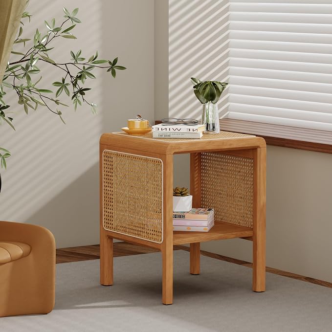 Aklaus Rattan Side Table Small End Table mid Century Living Room Wood Vintage - Image 5
