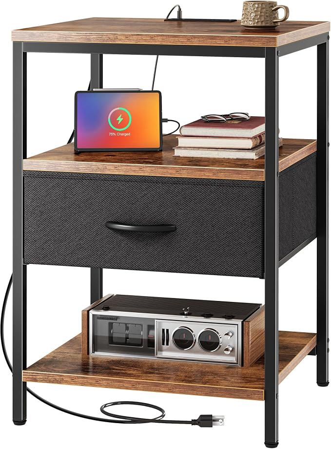 SUPERJARE Night Stand with Charger Station, 27.7 Inch Tall Nightstand with by SUPERJARE