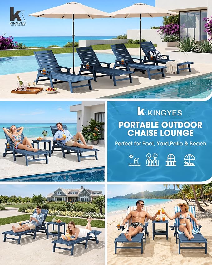 KINGYES HDPE Lounge Chair Outdoor Set of 2, Patio Chaise Lounge Recliner - Image 8