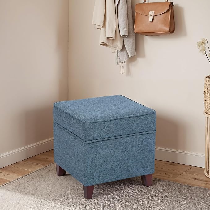 Adeco 17" Square Ottoman with Storage, Small Blue Storage Ottoman Foot Rest - Image 2