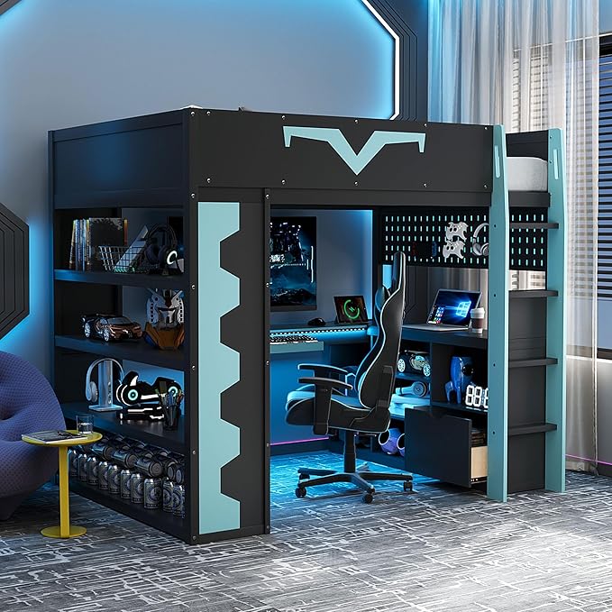 Full Size Gaming Loft Bed with Integrated Desk & RGB LED Lights, Pro-Gamer Bunk by Bekeknlny