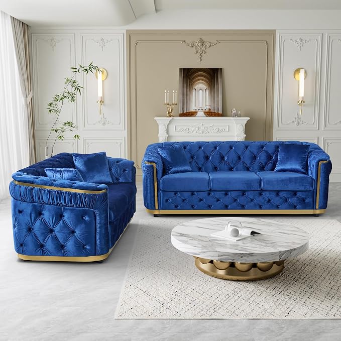 DAMAIFROM Velvet Couch Blue and Gold Sofa Luxury Loveseat 84.6" Mid Century - Image 6