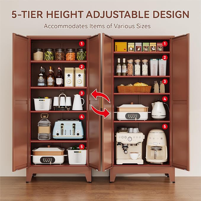 YAUWOH 71''Metal Cabinet with 4 Adjustable Shelves, 5-Tier Pantry Storage - Image 6