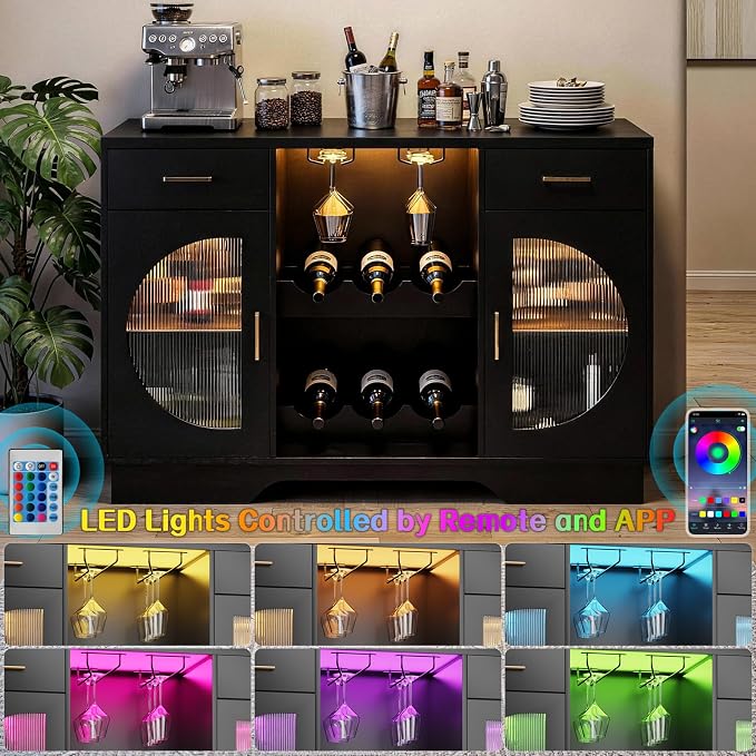Wine Bar Cabinet with LED Light, Modern Liquor Cabinet Coffee Bar Cabinet - Image 4