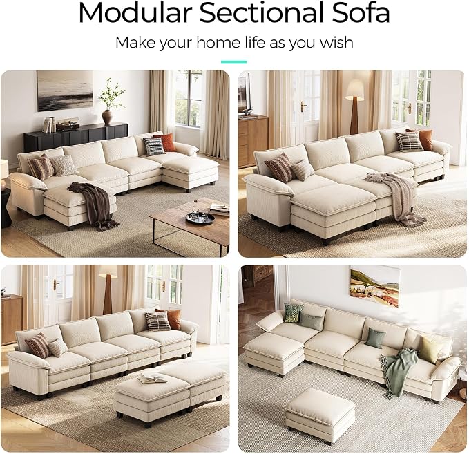 LINSY HOME 157" Modular U-Shaped Sectional Sofa, 4-Seat Corduroy Modern Cloud - Image 6