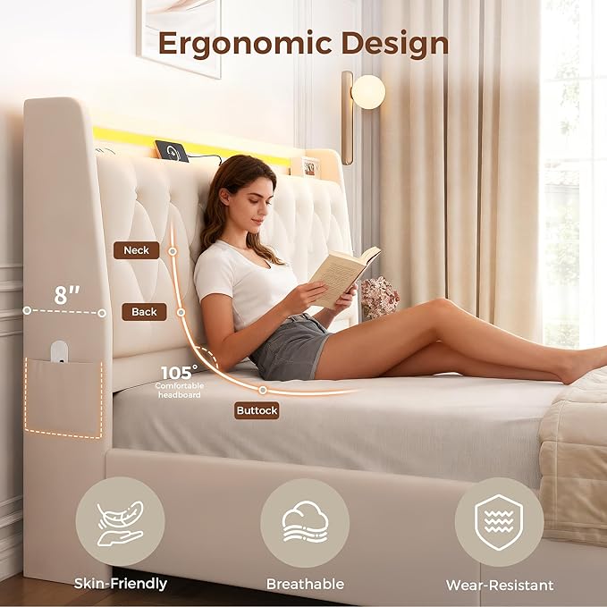 Full LED Velvet Bed Frame with 2 Storage Drawers&Hidden Headboard, Upholstered - Image 4