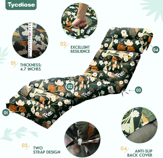 Outdoor Chaise Lounge Chair Cushion Set of 4, Waterproof 74.4 x 22 x 4.7 Inches - Image 5