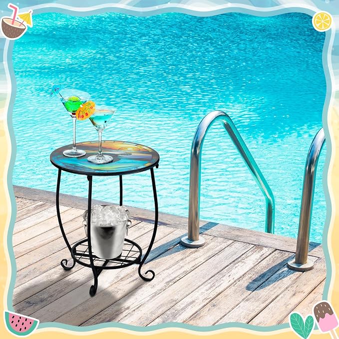 Cinnvoice Outdoor Side Table Round Small Mosaic Patio Accent Indoor End Plant - Image 2