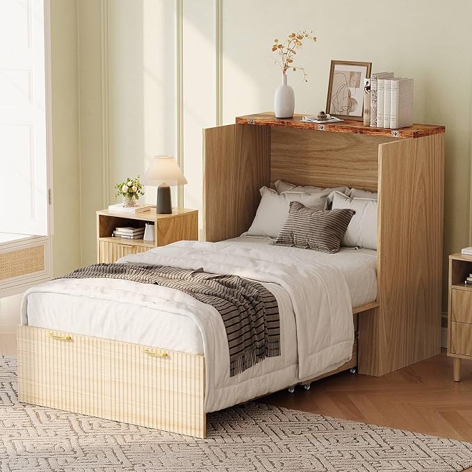 VINGLI Twin Murphy Bed with Storage Drawer, Fluted Wooden Foldable Bed Cabinet - Image 9