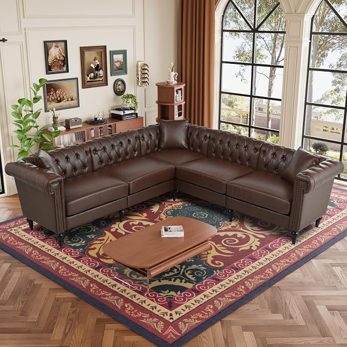 KEIKI 99" L-Shaped Luxury PU Leather Chesterfield Sectional Sofa - Image 3