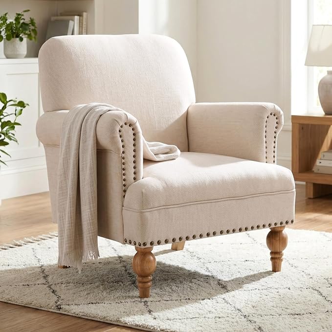 Beige Linen Fabric Accent Chair, Modern Farmhouse Upholstered Armchair by DMFurniture