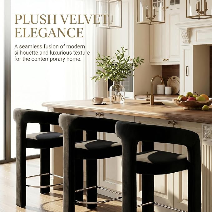 HNY 26 Inch Modern Tall Barrel Bar Stools Set of 3, Velvet Upholstered Barstools - Image 3