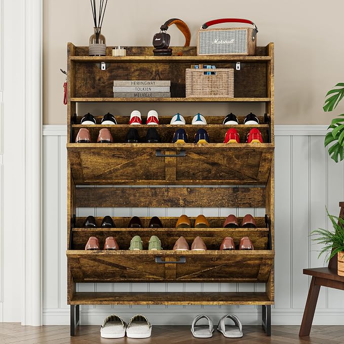 BORNOON Shoe Cabinet with 2 Flip Drawers Narrow Shoe Storage Cabinet Organizer - Image 7